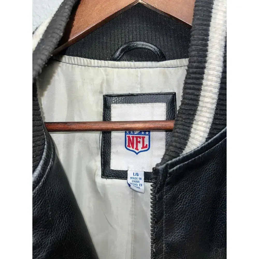 NFL Oakland Raiders Leather Jacket Football Black Silver Outerwear Stained Large